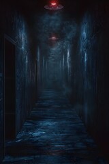 Ominous Retrofuturistic Hallway:Narrow,Dimly Lit Labyrinthine Corridors with Looming Shadows and Sense of Unease