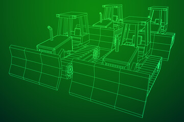 Big front-end loader bulldozer. Heavy equipment machine and manufacturing equipment for mining. Wireframe low poly mesh vector illustration.