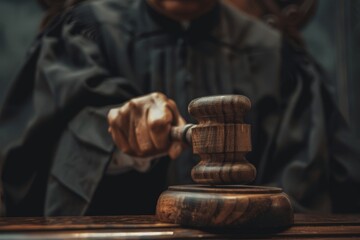 Close-up of a lawyer's hand using a gavel on a judge's bench in a courtroom
