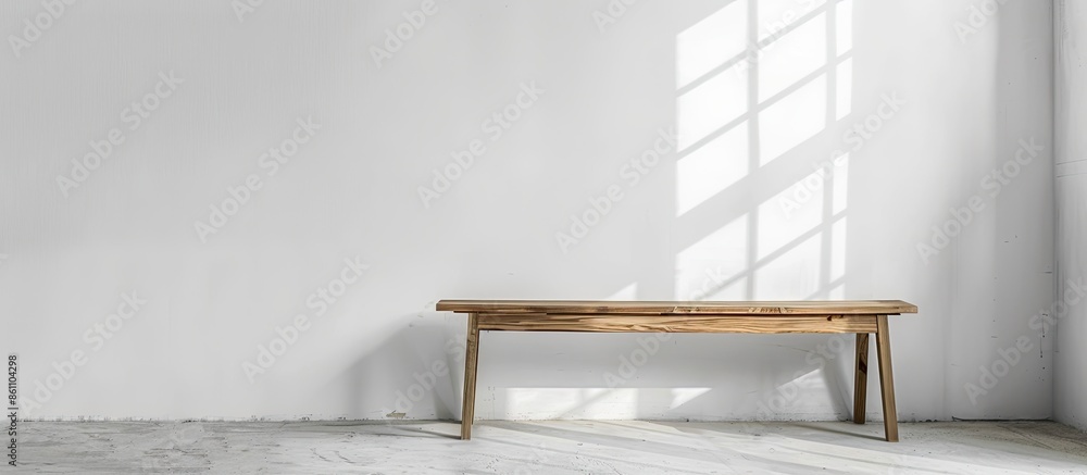 Poster wood table lean on white wall background. copy space image. place for adding text and design