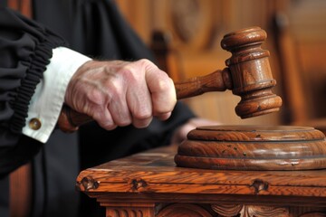 Close-up of a lawyer's hand using a gavel on a judge's bench in a courtroom