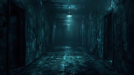 Sinister Passageways:Dimly Lit Corridors with Flickering Lights in Abandoned Industrial Setting