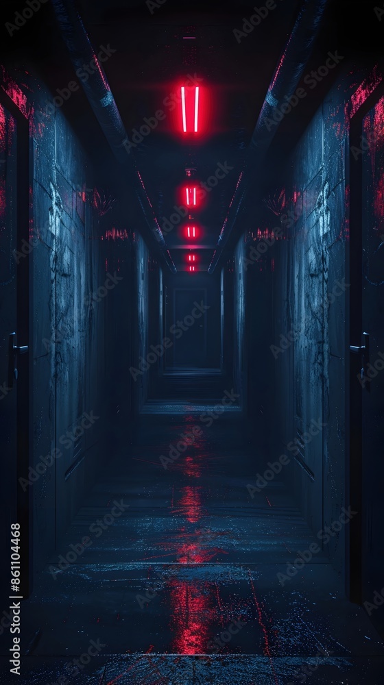 Wall mural Surreal Corridor:Narrow,Flickering Hallway with Unnatural Lights and Ominous Atmosphere