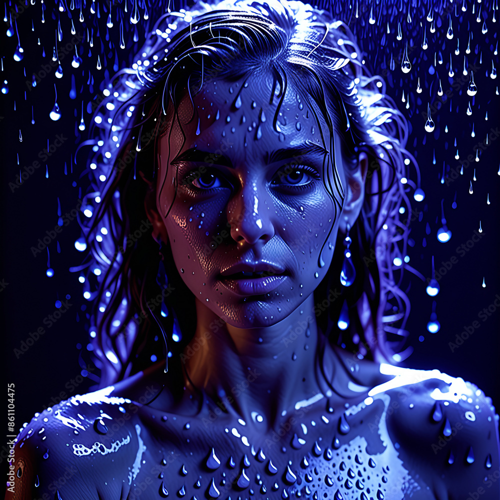 Wall mural naked female sexy body of girl with water drops in ultraviolet light