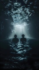 Fototapeta premium Submerged Figures in a Dark,Ominous Lake Conveying Foreboding and Unseen Dangers
