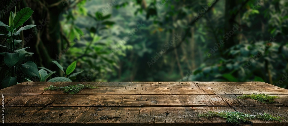 Poster wooden desk and forest. copy space image. place for adding text and design
