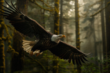 Obraz premium Majestic bald eagle soaring through a lush forest