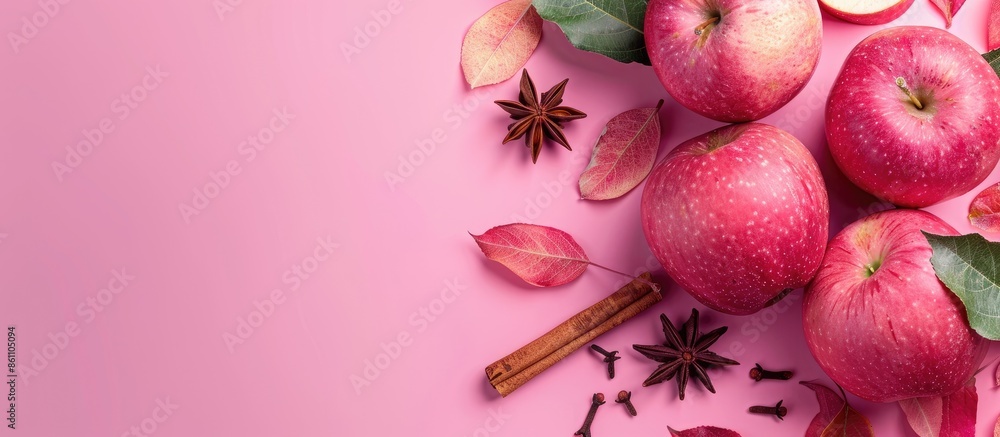 Poster fresh apple with cinnamon on pastel background food. copy space image. place for adding text and des
