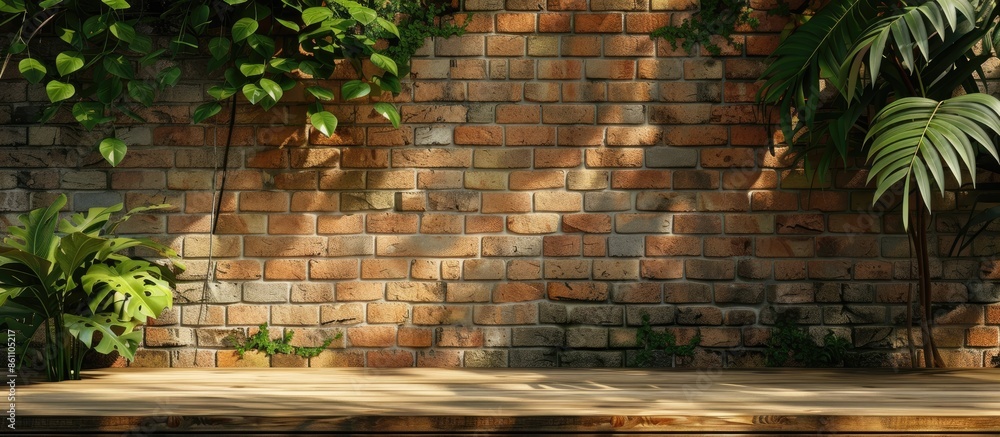 Poster desk space platform and brick wall background. copy space image. place for adding text and design