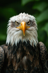 Fototapeta premium Portrait of bald eagle staring intensely with green background