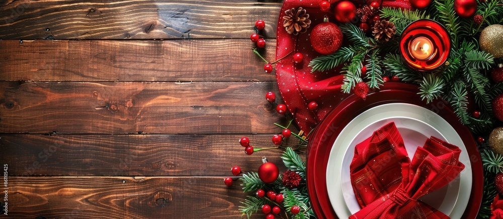Poster christmas dinner table setup with decoration on the side board. copy space image. place for adding t