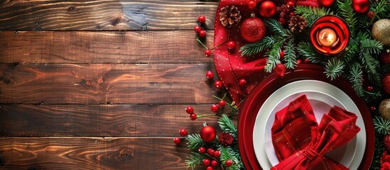 Christmas dinner table setup with decoration on the side board. Copy space image. Place for adding text and design