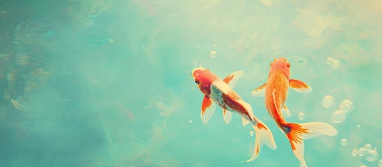Goldfish jump towards each other pastel background Fish. Copy space image. Place for adding text and design