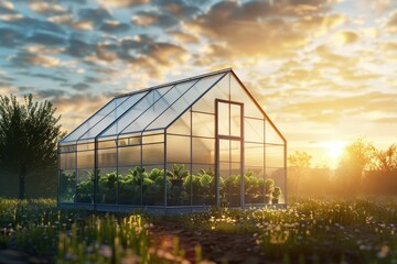 Obraz premium A greenhouse with a glass roof and a few plants inside