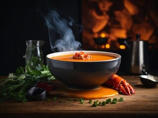 Lobster Bisque, classic creamy and smooth, seasoned soup from lobster and aromatics, cinematic food photo