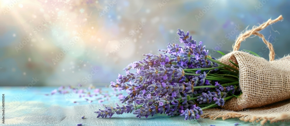 Aufkleber a bunch of lavender in burlap pastel background flower. copy space image. place for adding text and 
