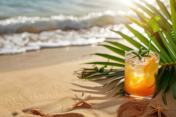Sea beach with hot sand, palm leaves and cocktail copy space, summer holiday advertising concept