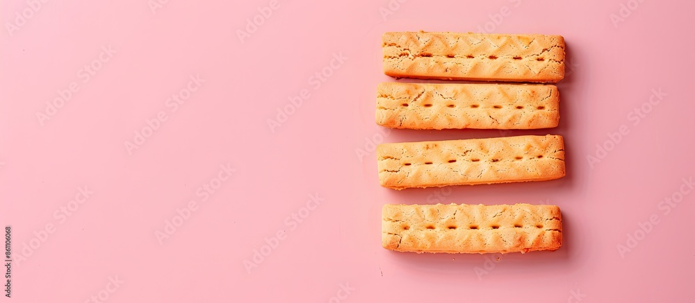 Poster an isolated strawberry biscuit sticks on pastel background. copy space image. place for adding text 