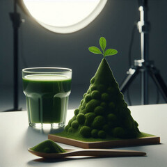 Next to a glass of water and a spoon, a little mountain of green juice powder rests on a white floor, illuminated cinematically in a studio setting. The photo is taken with a 50mm lens at f8 aperture.