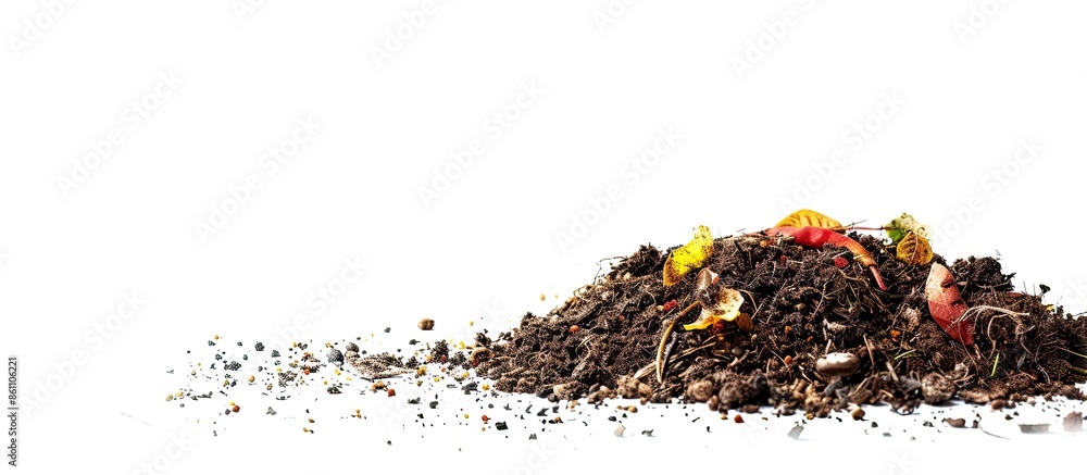 Poster pile of organic waste for composting on white background. copy space image. place for adding text an
