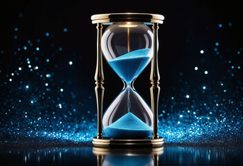 Sleek hourglass timer, surrounded by blue and black sparkles, bold colors, clear copy space for text, suitable for advertisements