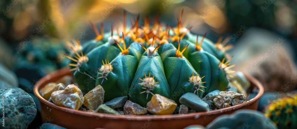Poster select focus of gymnocalycium mihanovichii cactus in the mini plant pot. multi color cactus. copy sp
