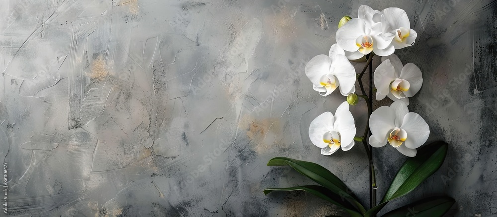 Poster square frame mockup with white orchid flower over grey wall. copy space image. place for adding text