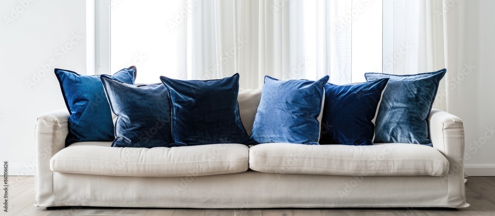 Poster couch with pillows in light room. copy space image. place for adding text and design