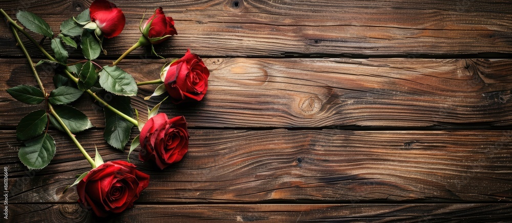 Poster wood background with roses. copy space image. place for adding text or design