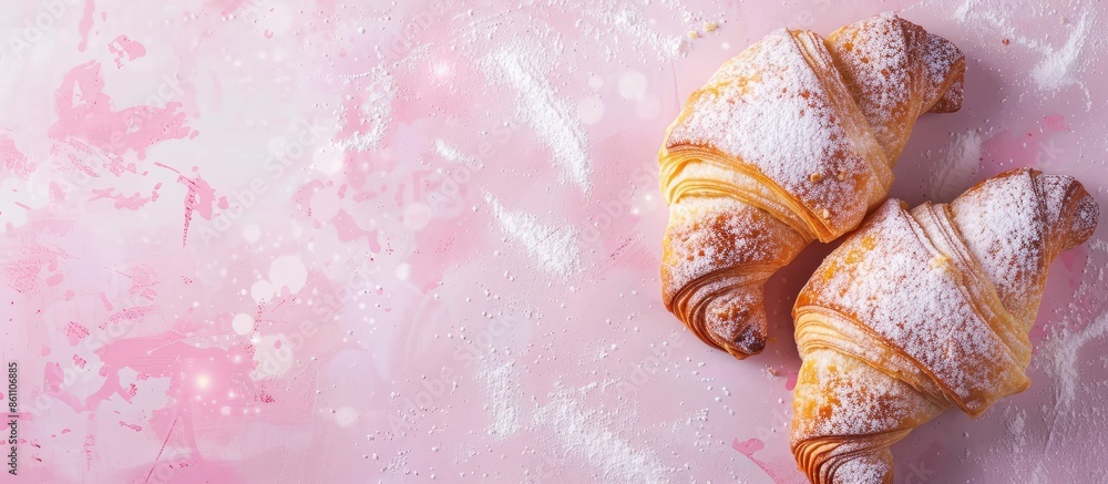Poster croissants in powdered sugar pastel background food. copy space image. place for adding text and des