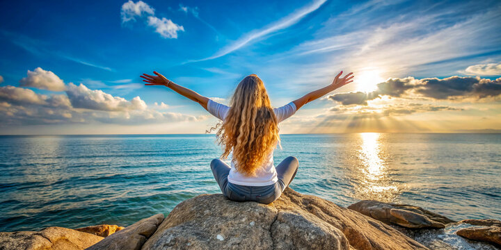 Rear view of a long-haired, free, calm and happy woman with long hair sitting on a rock by the sea with her arms outstretched against the sky. - Powered by Adobe