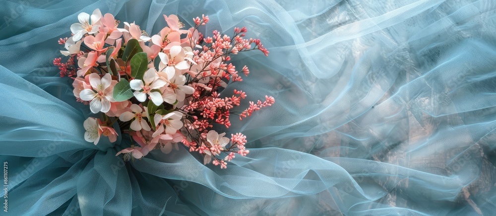 Poster bouquet of artificial flowers on a plastic curtain backdrop. copy space image. place for adding text
