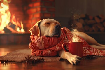 A dog is sleeping with a red scarf on and a mug of hot chocolate next to it