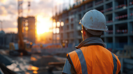 A construction worker, standing wearing a dark orange construction helmet in construction site is building architecture construction business or Happy labor day concept.