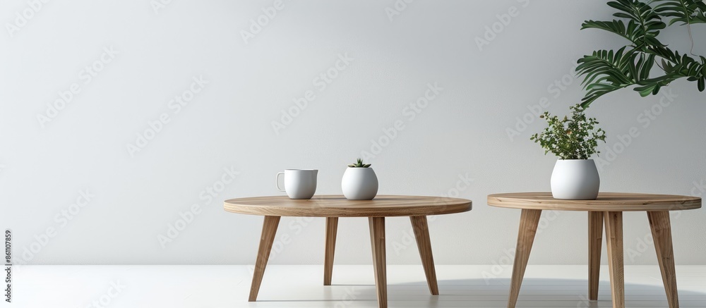 Poster wooden coffee tables on white background. copy space image. place for adding text and design