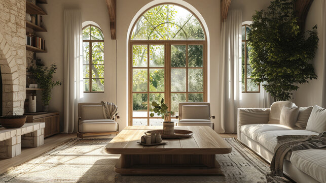 Cozy rustic Mediterranean living room with a wooden table near a beige couch and two armchairs, arched windows and a fireplace on a beige wall