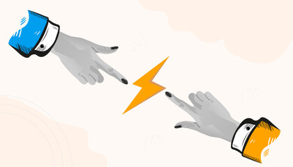 Trendy Collage Art Two hands pointing to lightning bolt. Power of teamwork. Business idea. Vector art illustration