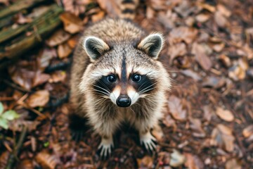 Curious raccoon in autumn forest with fallen leaves