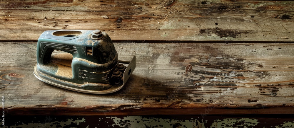 Poster orbit sander in wooden toprail. copy space image. place for adding text and design