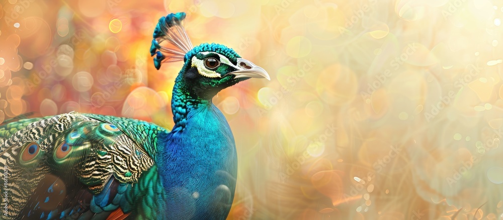 Poster portrait of a beautiful peacock pastel background . copy space image. place for adding text and desi