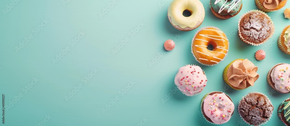 Poster glazed donuts and muffins on pastel background isolated. copy space image. place for adding text and