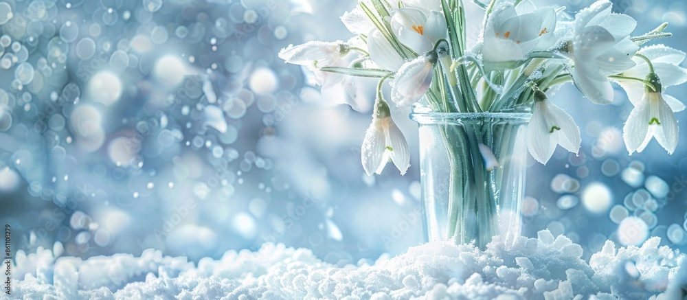 Poster a bunch of snowdrops in a glass on a background of snow. copy space image. place for adding text and