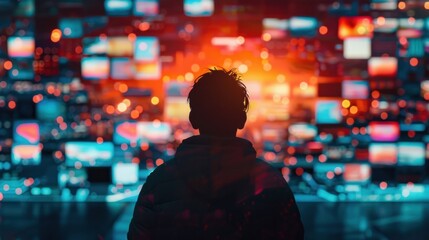 A person silhouette against an abstract background of multiple screens displaying various media content, representing the concept of multitasking and digital entertainment in modern life.