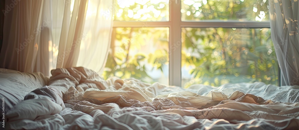 Poster morning view of an unmade bed with open curtain window. copy space image. place for adding text and 