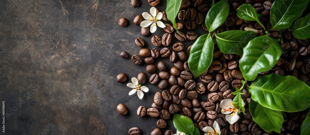 Poster mix of coffee beans and coffee tree blossom for background. copy space image. place for adding text 