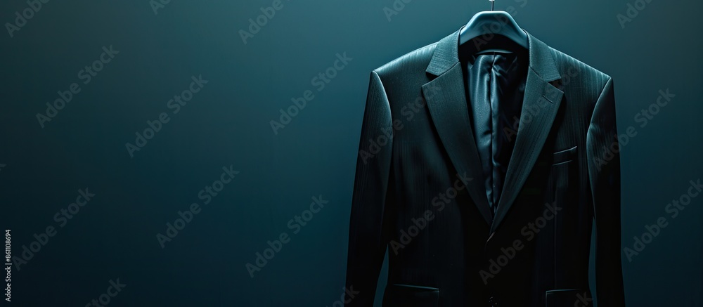Poster dark business suit at dry-cleaner's. space for text. copy space image. place for adding text and des