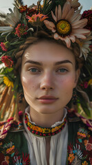 Fototapeta premium Young Woman Wearing A Floral Crown In A Field During The Day
