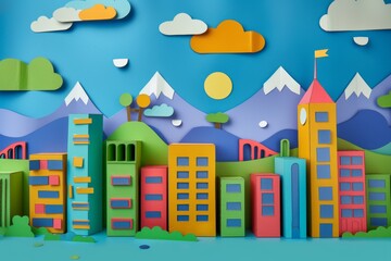 Vibrant paper art of a colorful cityscape with mountains and sun