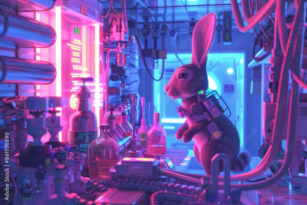 Aufkleber a rabbit is standing in front of a lab table with various bottles and beakers