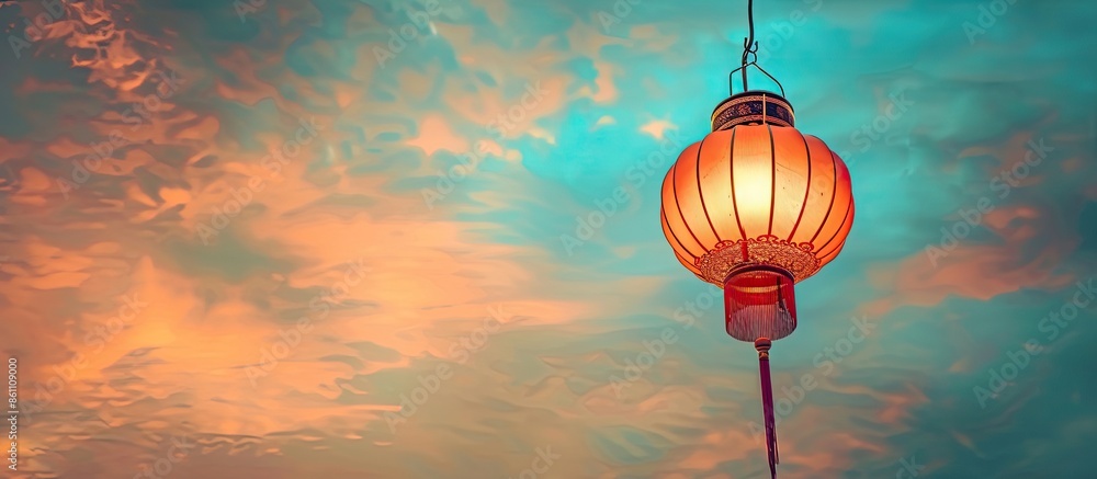 Poster chinese lamp with blue sky background pastel background. copy space image. place for adding text and